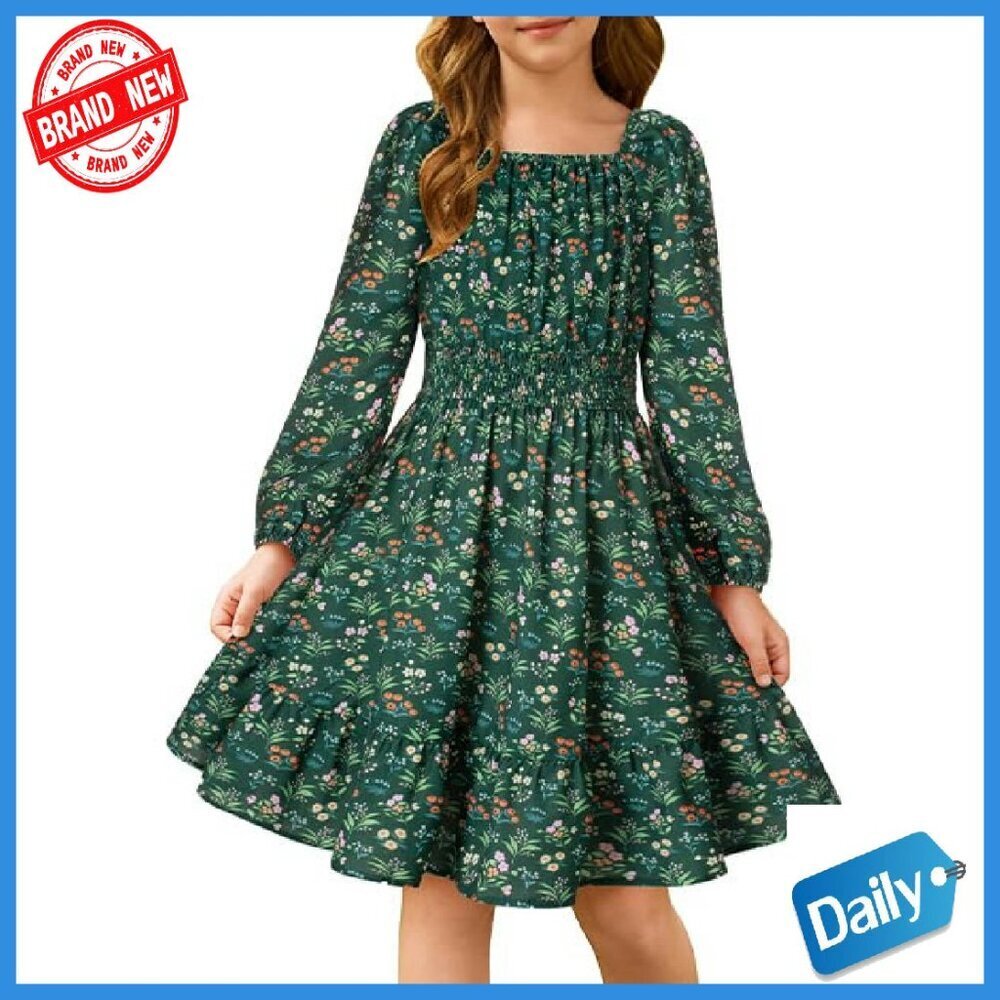 Girls Floral Long Sleeve Midi Dress Smocked Waist Holiday Party 6-14Y